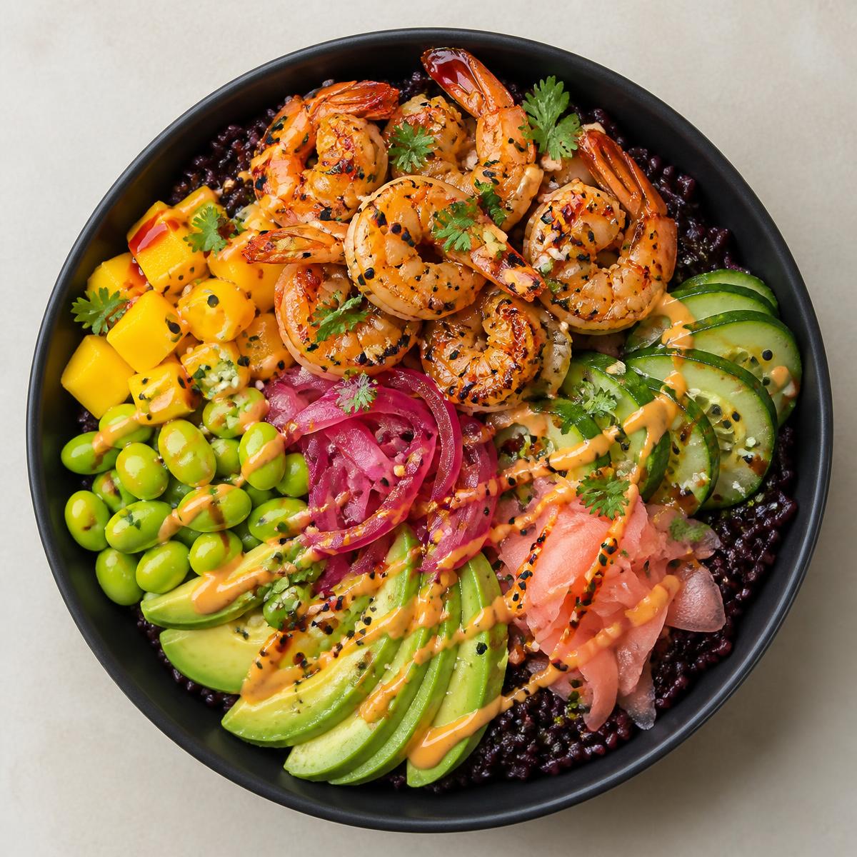 Asian Scampi Poke bowl with mango, avocado and pickled vegetables
