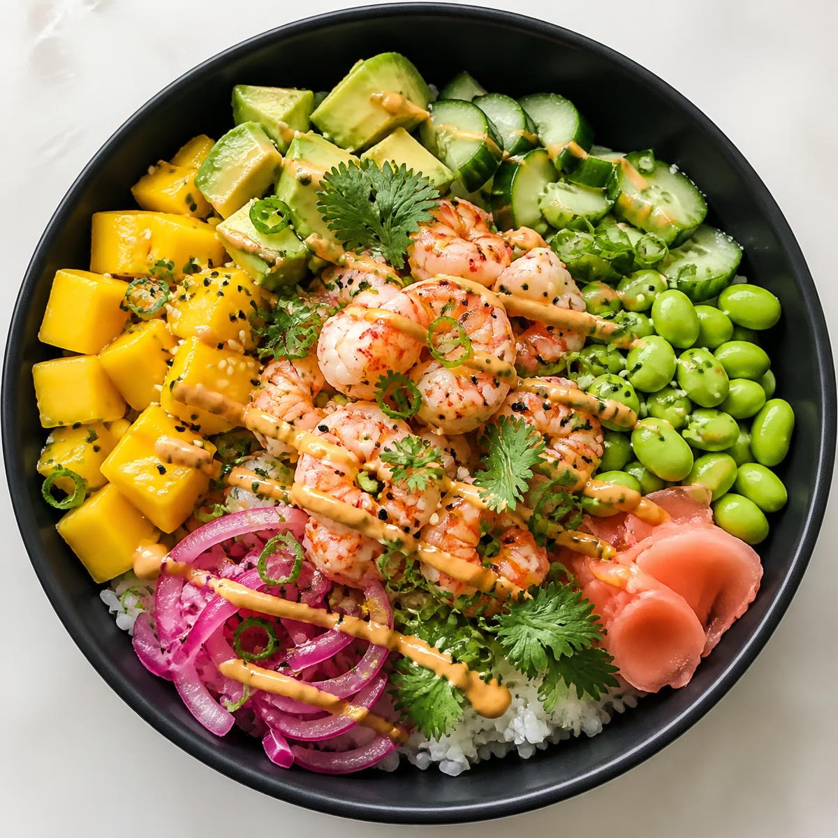 Mango Crayfish bowl with sushi rice, mango and pineapple