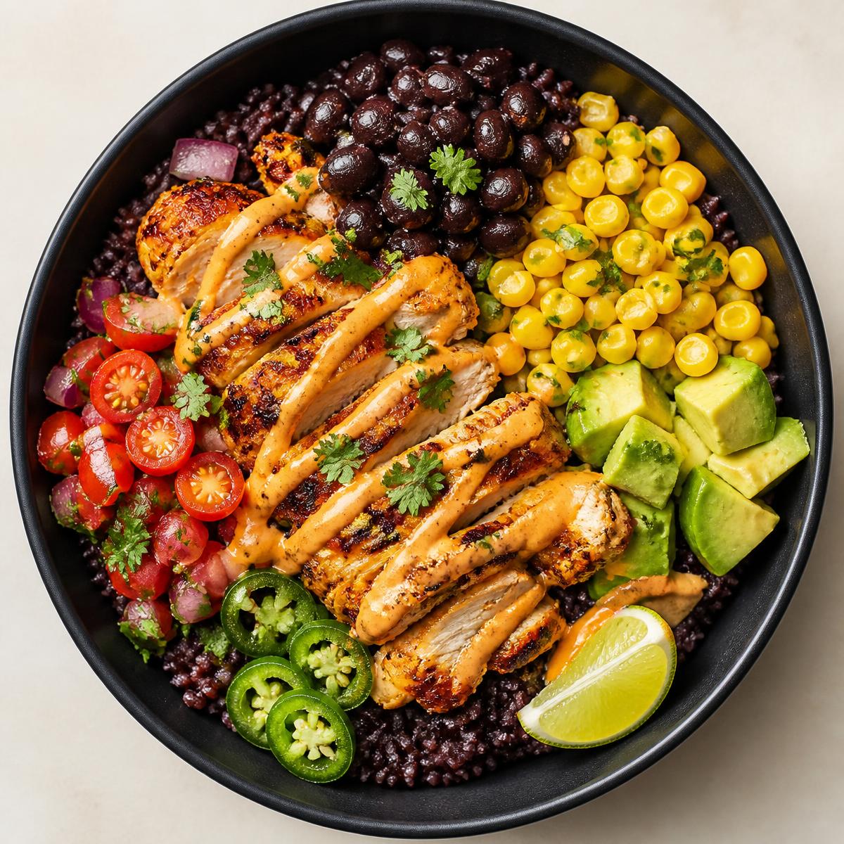Mexican Chicken bowl with black beans, corn and avocado