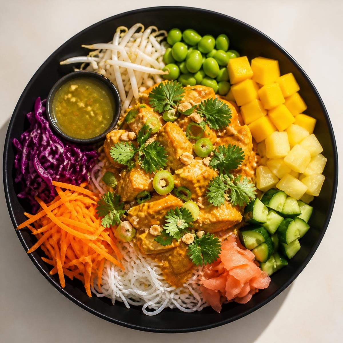 Panang Chicken bowl with vermicelli noodles and crushed peanuts